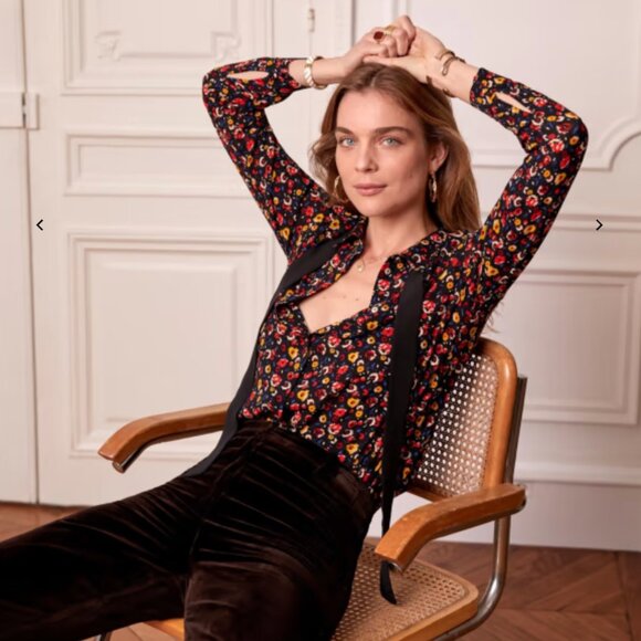 Sézane Lady Shirt | Printed Multicolored Small Flowers Black Background - Picture 1 of 16